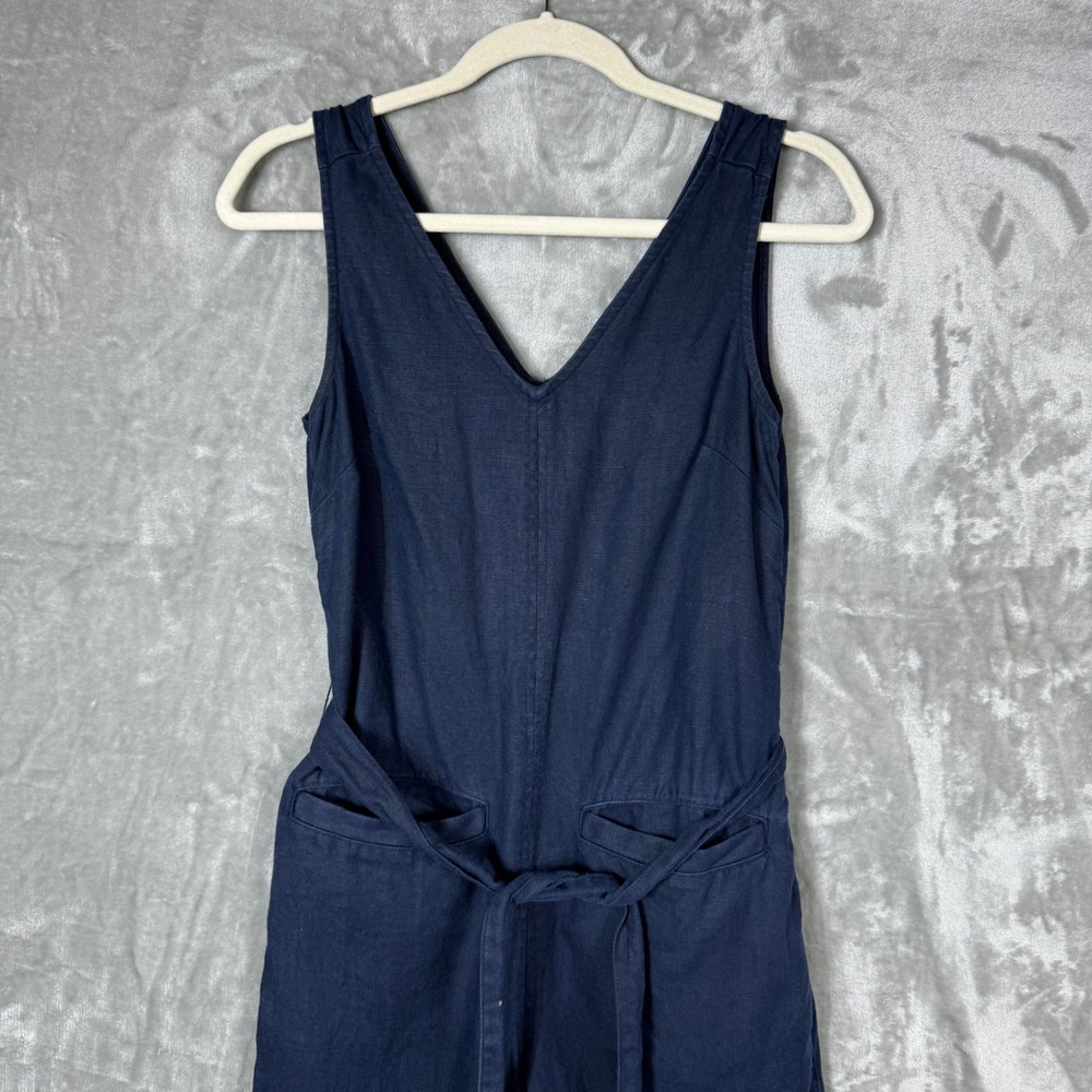 Faherty Catalina Jumpsuit Womens XS Navy Blue 100% Linen Sleeveless V-neck Belt - Picture 4 of 14